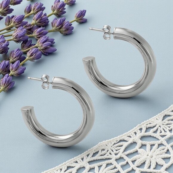 🆕️Chunky C Hoop Earrings 18K White Gold Plated Stainless Steel Minimalist - Picture 11 of 13